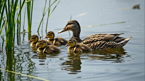 A mother duck swimming with her cute baby ducklings in a pond. A family of mallards floating on the water. Wildlife scene of motherhood and new life in nature