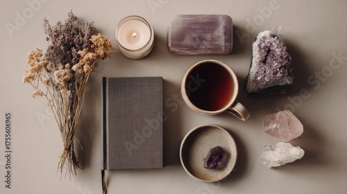 Minimal flat lay of wellness items