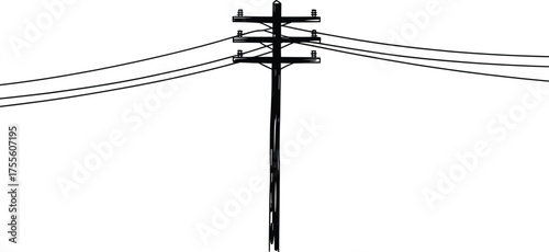 Electric Utility Pole Line Art, Power Transmission Drawing Illustration.