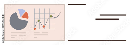 Pie chart and line graph displayed on a workspace dashboard accompanied by sections for textual content. Ideal for analytics, business, finance, growth, report, presentation, simple flat metaphor