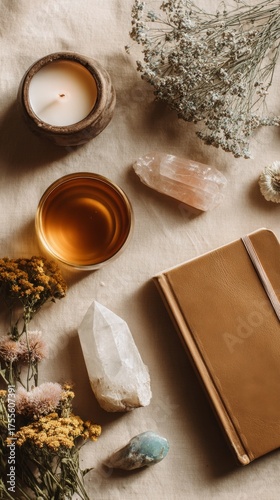Minimal flat lay of wellness items