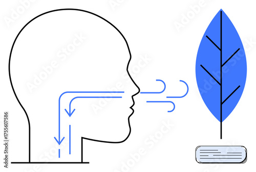 Human head outline illustrating air intake and airflow direction, paired with a blue leaf and air filter concept. Ideal for health, respiration, purification, wellness, environment, science