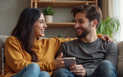 Indian happy mature woman lady with young man male sitting on cozy sofa couch talk gossip share story indoor home adult mom teen son boy speak funny joke enjoy day spend time have fun joy inside house