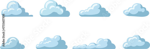 A collection of cartoon cloud vectors in a flat design style. This set features various light blue cloud shapes with soft shadows and white highlights, giving them a soft and playful feel. Perfect for