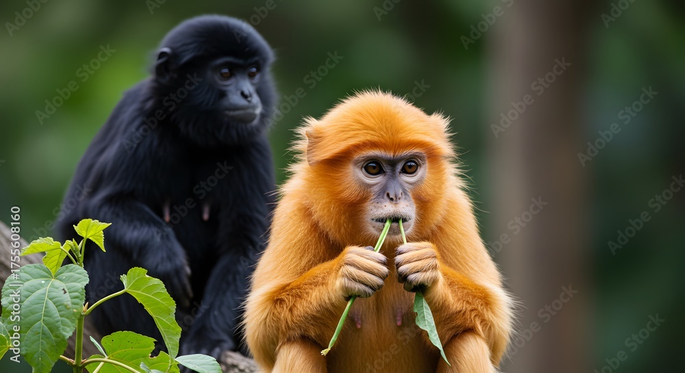 Obraz premium Two langurs, one black, one orange, in a forest setting, the orange one eating leaves