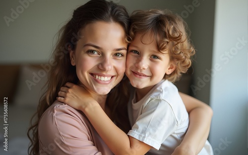 Young mom and her son hugging each other tightly. Mother kid relationship. High quality