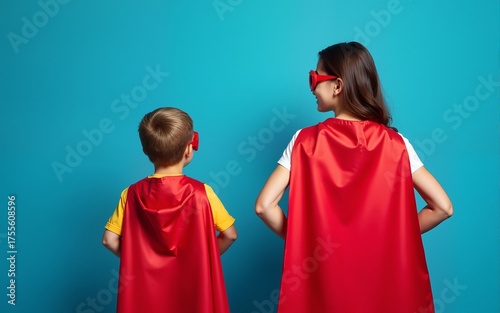 Young mom and son superheroes in red cloaks on empty blue background. High quality