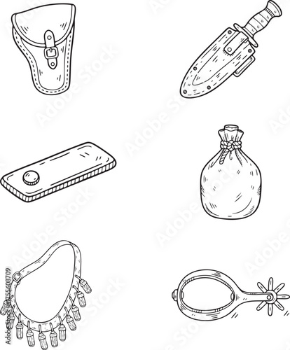 Cowboy Adventure Gear Line Art Vector Set Including Holster Knife Pouch Spur Mirror and Accessories