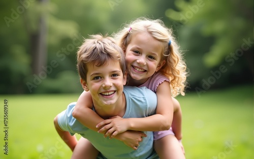 Happy, smile and siblings in an outdoor park during summer having fun and playing in nature. Happiness, excited and girl children on an adventure giving a piggy back ride outside in a green garden.