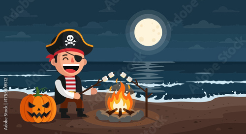 Cartoon Pirate Celebrating Halloween on the Beach with Bonfire and Marshmallows