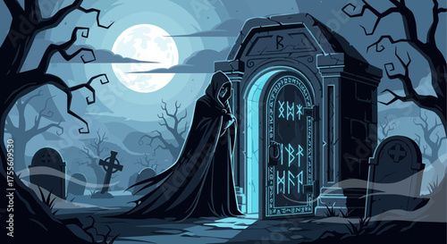 Mystical Encounter: Hooded Figure at Runestone Mausoleum Beneath the Moonlight