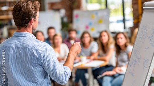Camera Facing Class: College Professor Gives a Lecture to a Classroom Full of Multi Ethnic Students. Talented Speaker Captures Audience Attention.
