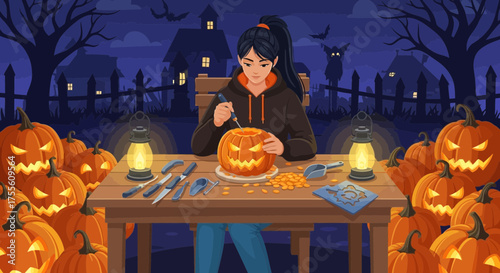 Halloween night carving: Young woman creating a jack-o'-lantern in spooky atmosphere