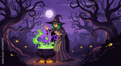 Enchanting witch stirring a bubbling cauldron under the moonlight in woods