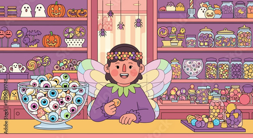 Enchanting confectionery: A fairy's Halloween treat amongst shelves laden with sweets