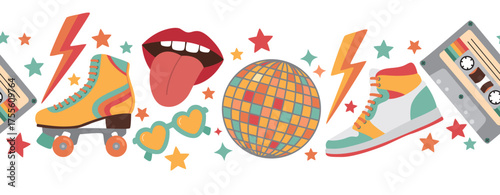 Retro objects seamless border isolated on white. Horizontal pattern with elements from 80s-90s