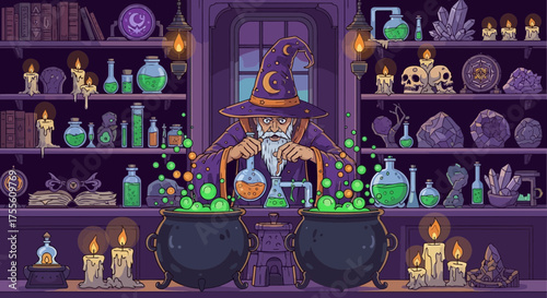 Whimsical wizard crafting mystical potions in a charming alchemical laboratory
