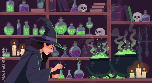 Bewitching Brews: A Witch Crafts Spells in Her Mystical Potion Laboratory