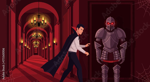Eerie Encounter: A Vampire's Unease with an Armored Knight in a Crimson Hall