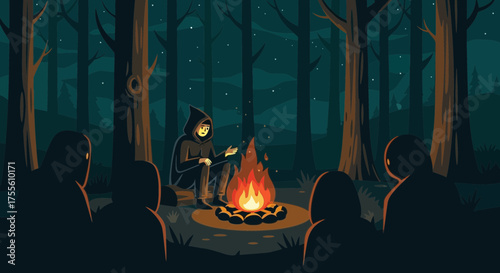 Nighttime Gathering: Storyteller by the Campfire in a Dark Mystical Forest