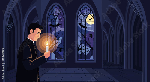 Candlelit vigil in a gothic cathedral interior, amidst bats and spiderwebs