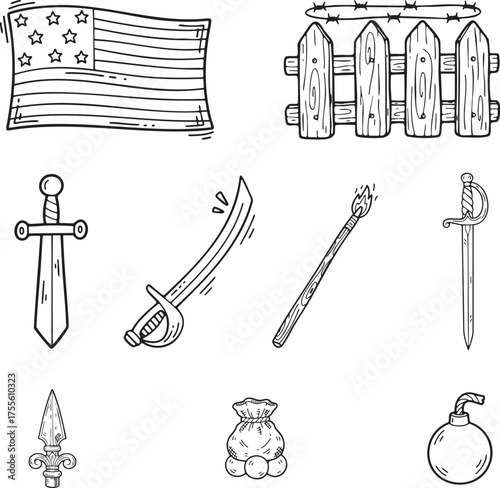 Historical Weapons Swords Flags and Battle Icons Line Art Vector Set