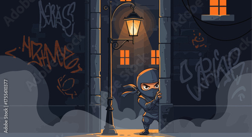 Cartoon ninja lurking in a graffiti-filled urban alleyway illuminated by a street lamp