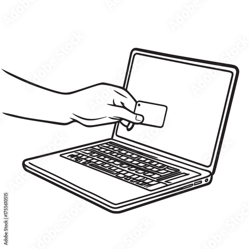 doodle outline line art illustration of flashdisk being inserted into a laptop