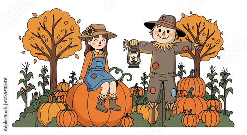 Autumn's embrace: A delightful scene with pumpkins, girl, and scarecrow