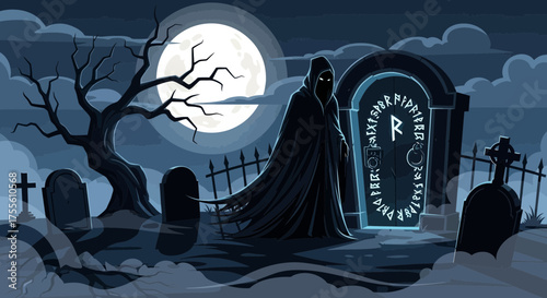 Mysterious figure emerging from runic portal in eerie moonlit cemetery scene