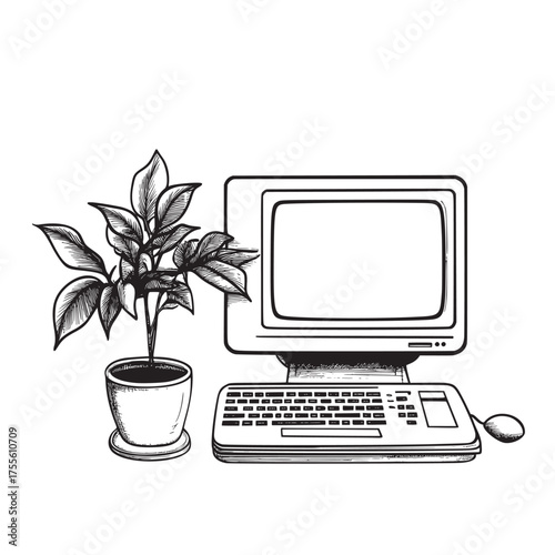 cartoon outline doodle illustration of retro desktop with beige casing