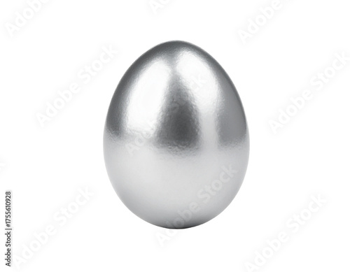 A single, highly reflective silver egg isolated on a white background.