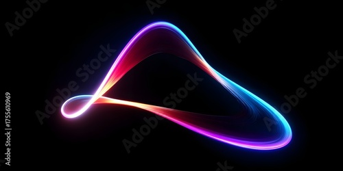Vibrant neon light trail abstract form against deep black background illustrating dynamic energy flow and modern design elements