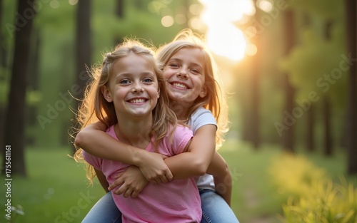 Outdoor, piggyback and sister with smile, child and bonding in nature, thinking and happy in forest. Love, girls and fun in woods, carrying and teenager with care for kid, siblings and contemplating