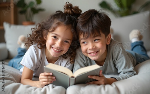 Two siblings lying on the sofa reading a book with a happy and cool smile on face. lucky person. High quality