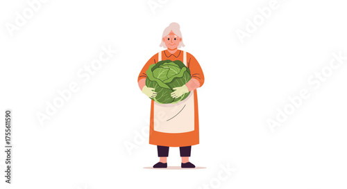 Elderly woman in an apron holding a large head of cabbage representing healthy eating and fresh produce.