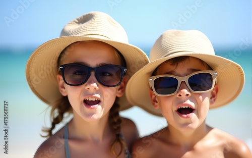 Two siblings making silly faces while wearing oversized sunglasses and hats at the beach. High quality