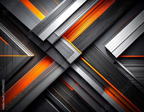 Abstract Geometric pattern of layered metallic plates and bright orange lines, creating an interesting diagonal perspective