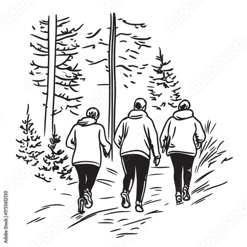 modern doodle line vector artwork of group exercise on a trail