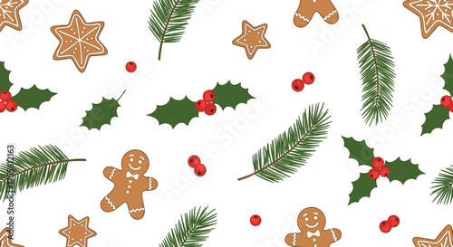 A delightful festive pattern featuring gingerbread cookies holly berries and pine needles.