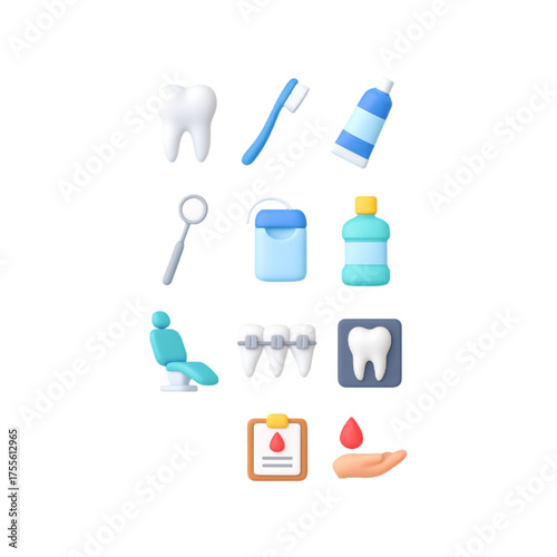 Dental care icons set with tooth toothbrush toothpaste floss mouthwash dental chair braces and blood drop isolated on transparent background