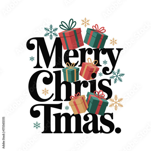 Merry christmas typography t-shirt design with festive holiday gifts and snowflakes