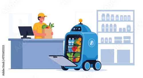 Autonomous delivery robot loaded with groceries at checkout counter.