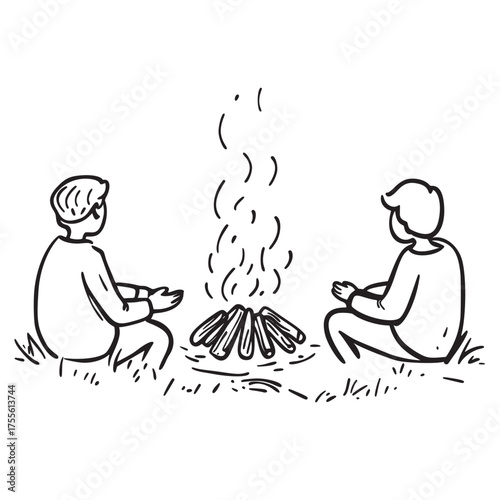 minimal outline vector illustration of friendly gatherings around the campfire