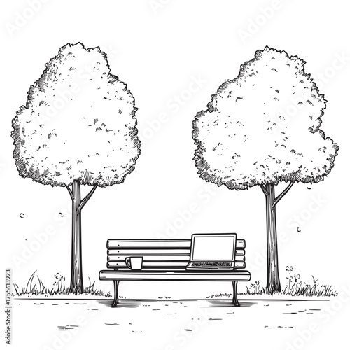 simple outline line art illustration of laptop on a park bench under trees