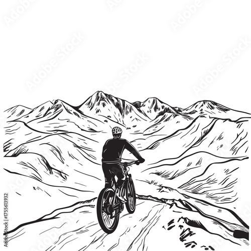 hand drawn line art vector illustration of mountain biking through rugged landscapes