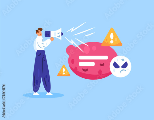 The concept of negative comments and hate. Criticism, feedback, customer response, dissatisfaction and discontent. Illustration of a man giving a negative comment or making an unkind remark. Flat 