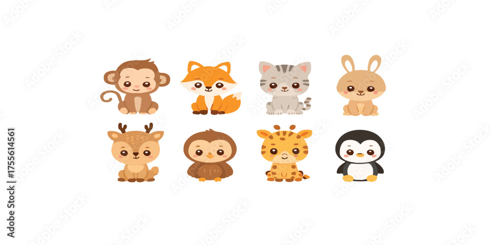 Fototapeta premium Print Cute baby animal cartoon set vector style