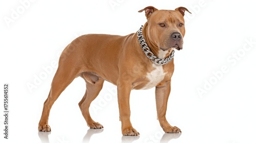 Light brown Pit bull with silver chain collar on white background