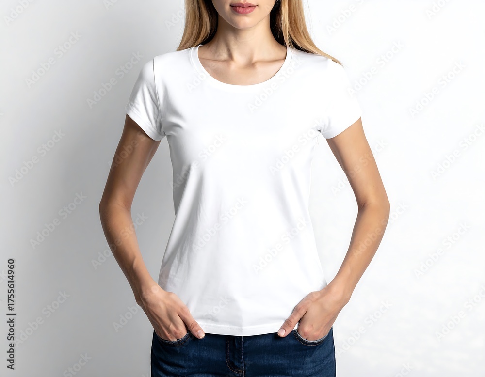 Obraz premium A person, styled from the chest up, models a plain white t-shirt with a slight curve. Their hands are in their pockets